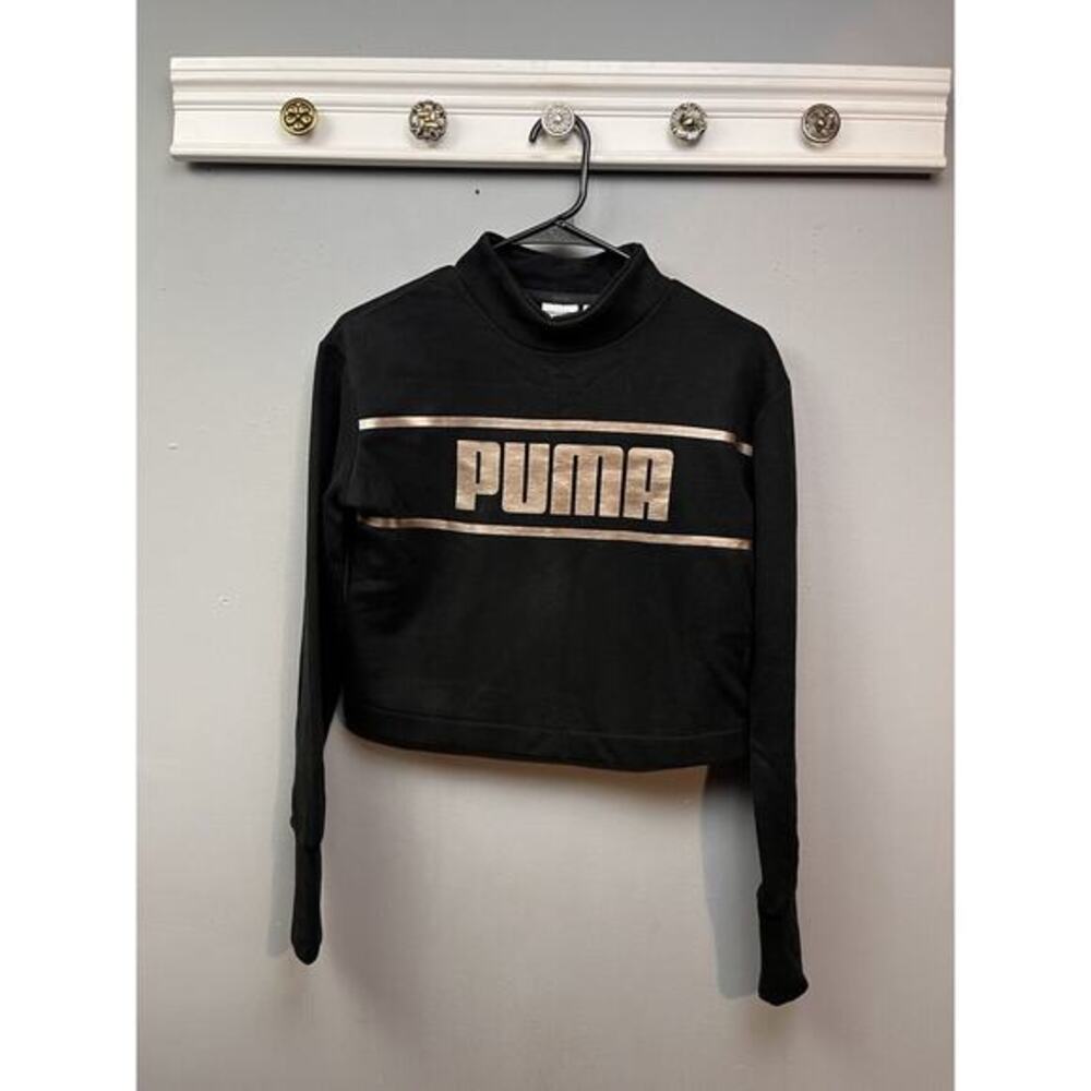 PUMA Cropped Sweatshirt Womens Size XS Black Gold Graphic Mock Neck Athletic
